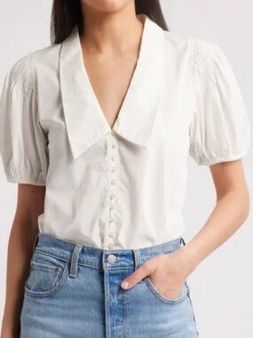 THE GREAT. White Short-Sleeve Button Front Blouse